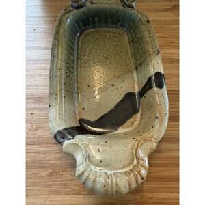 Orcas Island Pottery 9x4 Signed Heavy Trinket Dish Tray Green Black Tan Colors